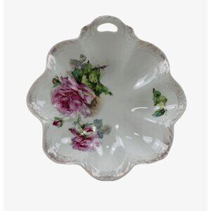 Antique K Steinmann German Porcelain Floral Dish Pink Roses Scalloped Edges
